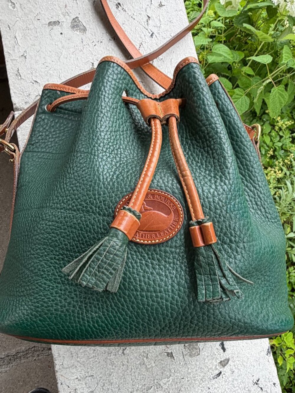 Dooney & Bourke Vintage USA 90s Fir Green Tan Drawstring Bucket Shoulder Bag